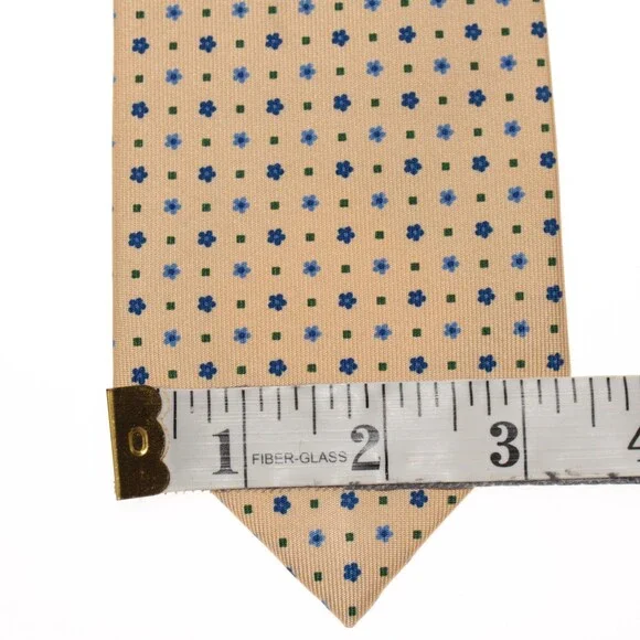 Drake's NWT Neck Tie Beige w/ Blue & Green Mini Floral / Geo Pattern 100% Silk